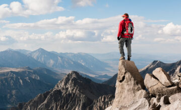 Mann steht auf einem Berg, den er soeben bestiegen hat