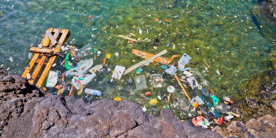 Plastikmüll schwimmt im Meer an der Küste