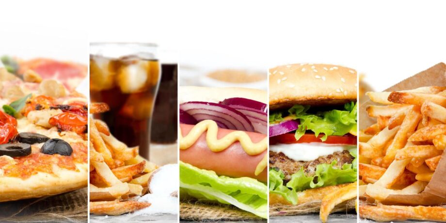 Collage aus verschiedenen Fast Food Varianten wie Pizza, Pommes und Burger