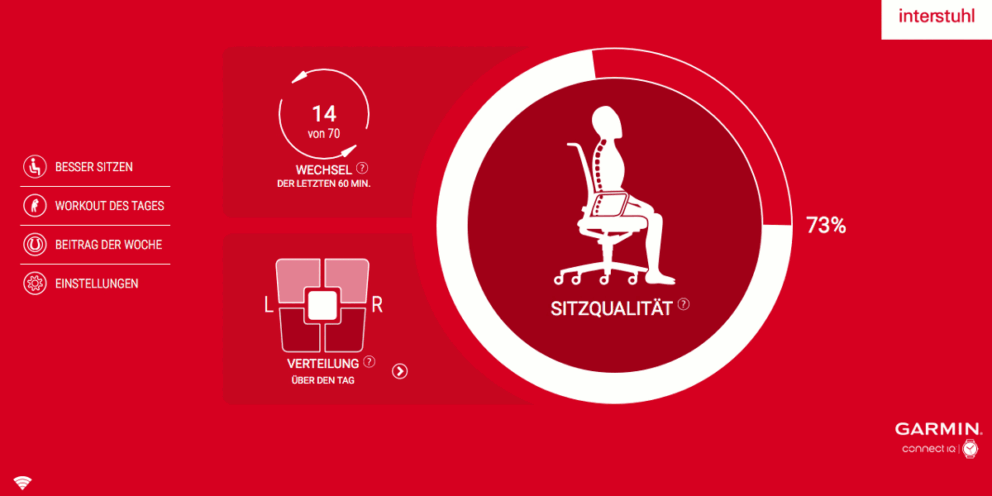 Screenshot aus der Garmin Connect IQ App, die die Sitzqualität anzeigt, zeigt nach ein paar Tagen eine Sitzqualität von 73% an