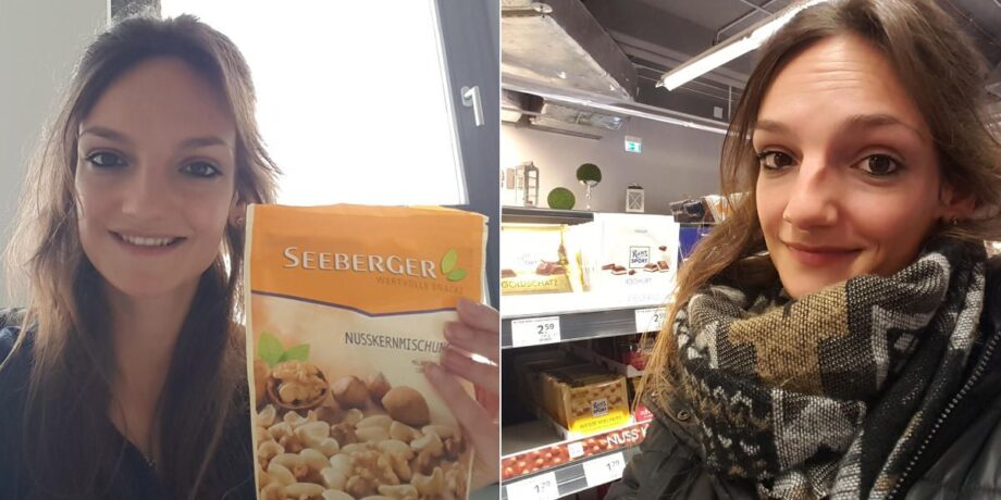 Stefanie mit einer Tüte Nüsse (links), Stefanie im Supermarkt (rechts)