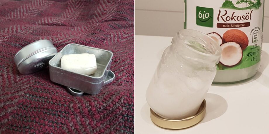 Shampoo in einer Metalldose (links), Kokosöl (rechts)