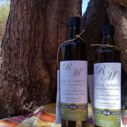 Zwei Flaschen Olivenöl vor einem Olivenbaum, den man mit einer Patenschaft unterstützen kann. Ein nachhaltiges Geschenk für Gaumen und Gewissen.