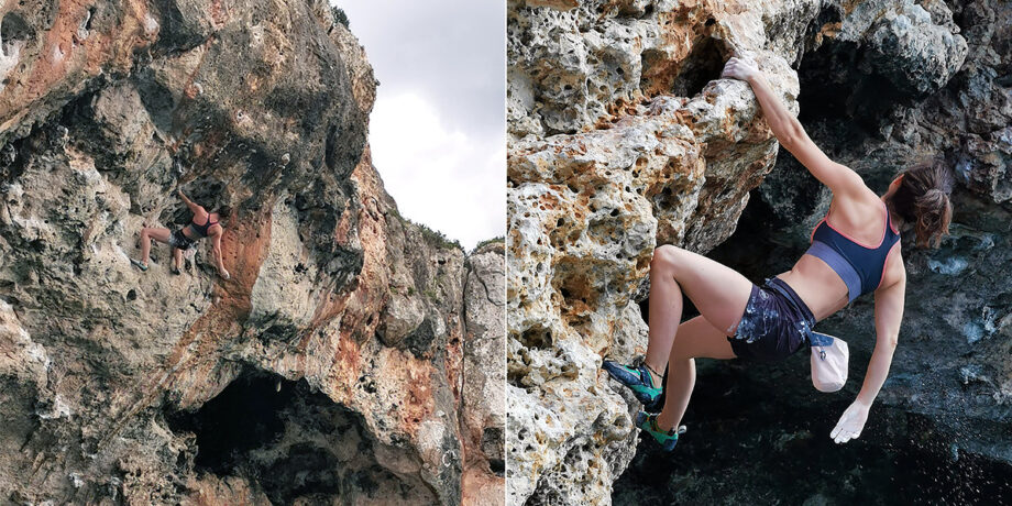 Juliane Wurm sucht einen Greifpunkt an einer steilen Felswand