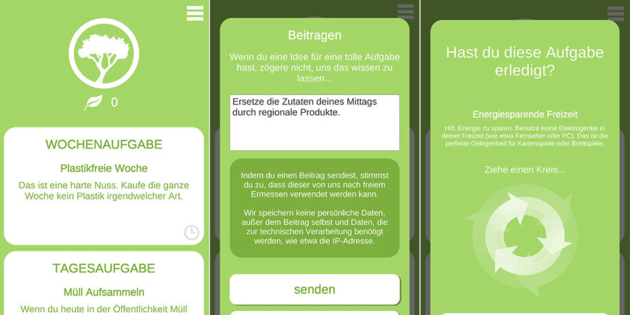 3 Screens der nachhaltigen App Go Green, die dazu aufruft, nachhaltige Challenges zu absolvieren