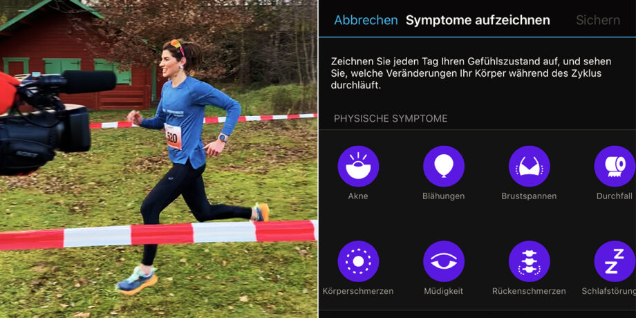 Andrea Diethers beim Laufen und ein Screenshot der Garmin Connect App zur Aufzeichnung von Menstruationsbeschwerden