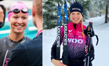 Eva Hürlimann im Schwimmoutfit und im Winter mit Skiiern