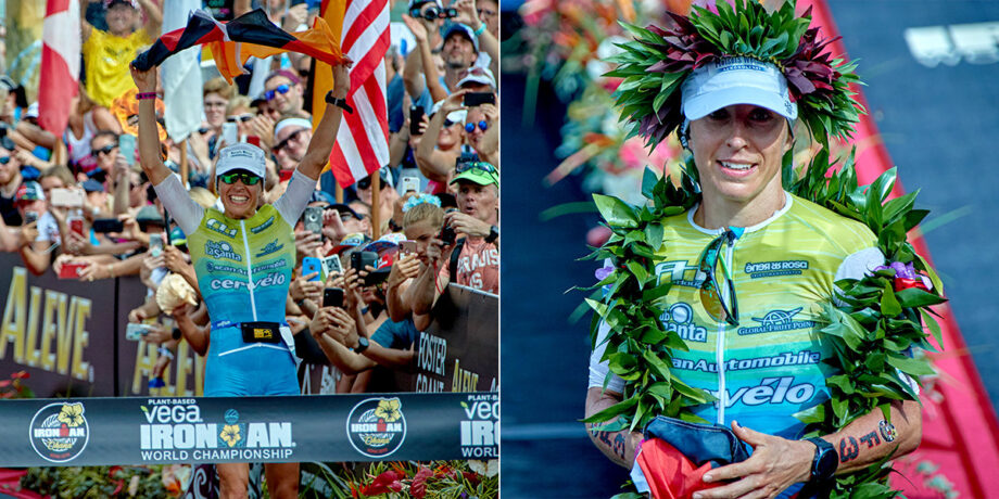 Anne Haug beim Zieleinlauf beim Ironman auf Hawaii (links), Anne Haug bei der Siegerehrung (rechts)