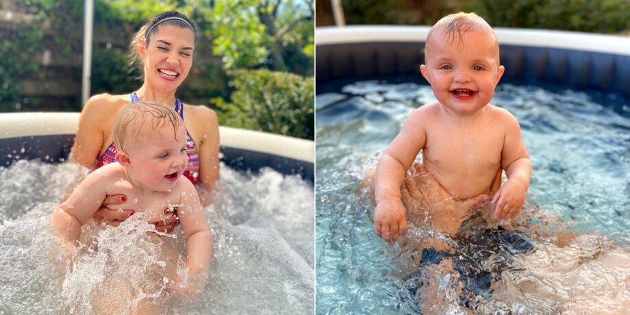 Andrea Diethers planscht mit ihrer Tochter Naja im Pool
