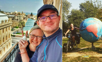Anika Brust und Denis Scharnow auf einem Balkon in Baku (links) und auf dem Fahrrad neben einer Weltkugel (rechts)
