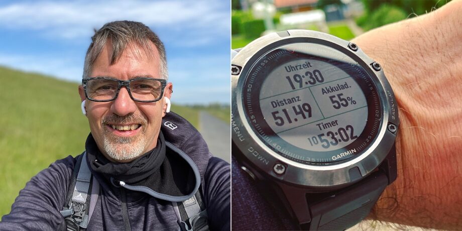 Dirk Rellecke zeigt seine Garmin-Uhr mit einer Distanz von fast 52 Kilometern