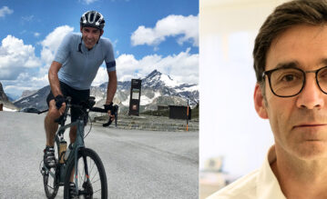Neurologe und Sportmediziner Dr. Jörg Mellies beim Radfahren (links) und bei der Arbeit (rechts)