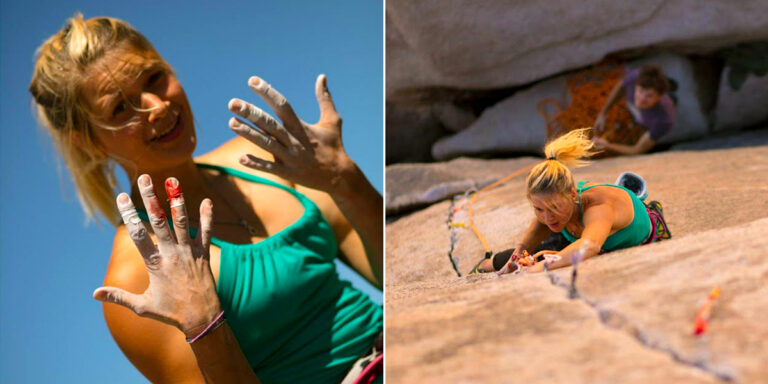 Lena Herrmann zeigt ihre Hände nach dem Klettern (links), Lena Herrmann beim Felsklettern (rechts)