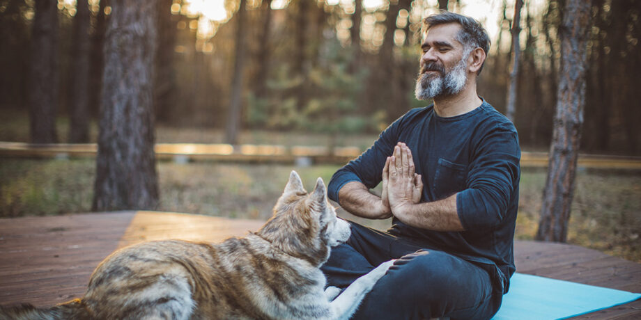 Mann macht draußen Yoga mit seinem Hund
