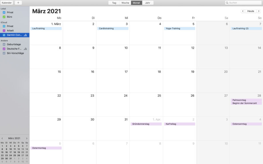 Scrren des Apple Kalenders mit synchronisierten Daten aus Garmin Connect
