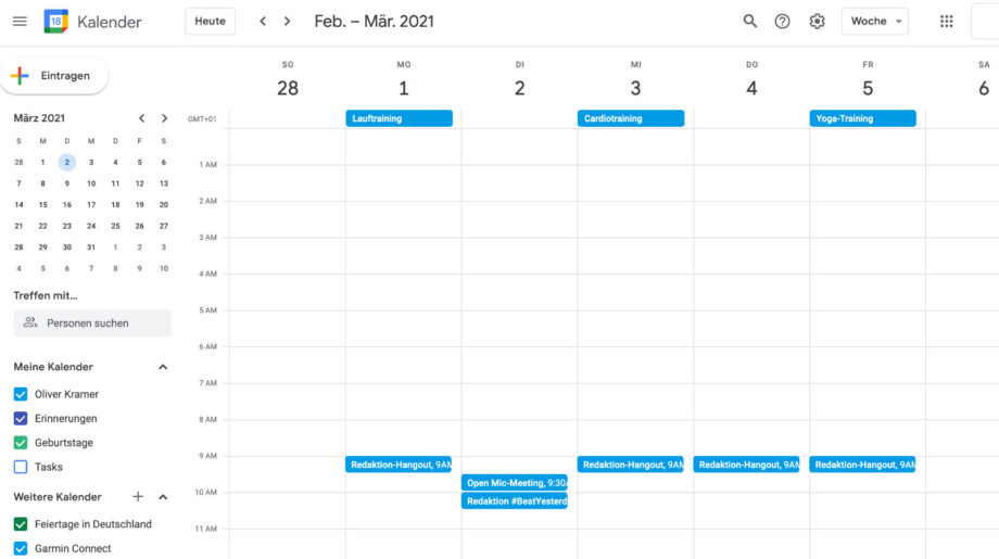Screen aus dem Google Kalender mit synchronisierten Trainingseinheiten aus Garmin Connect