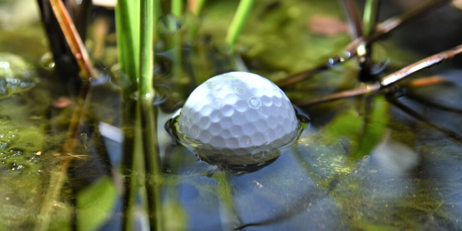 Golfer holt den Golfball mit einer Golfangel aus dem Wasser