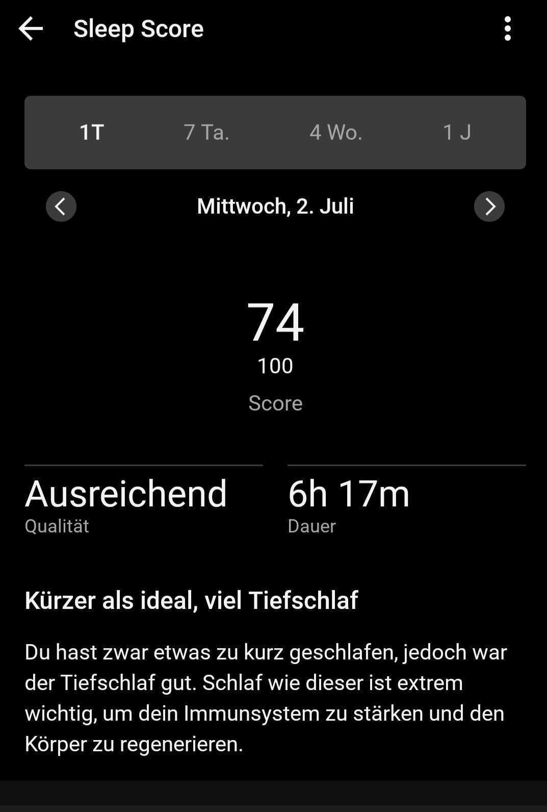 Garmin Connect Sleep Score 74
