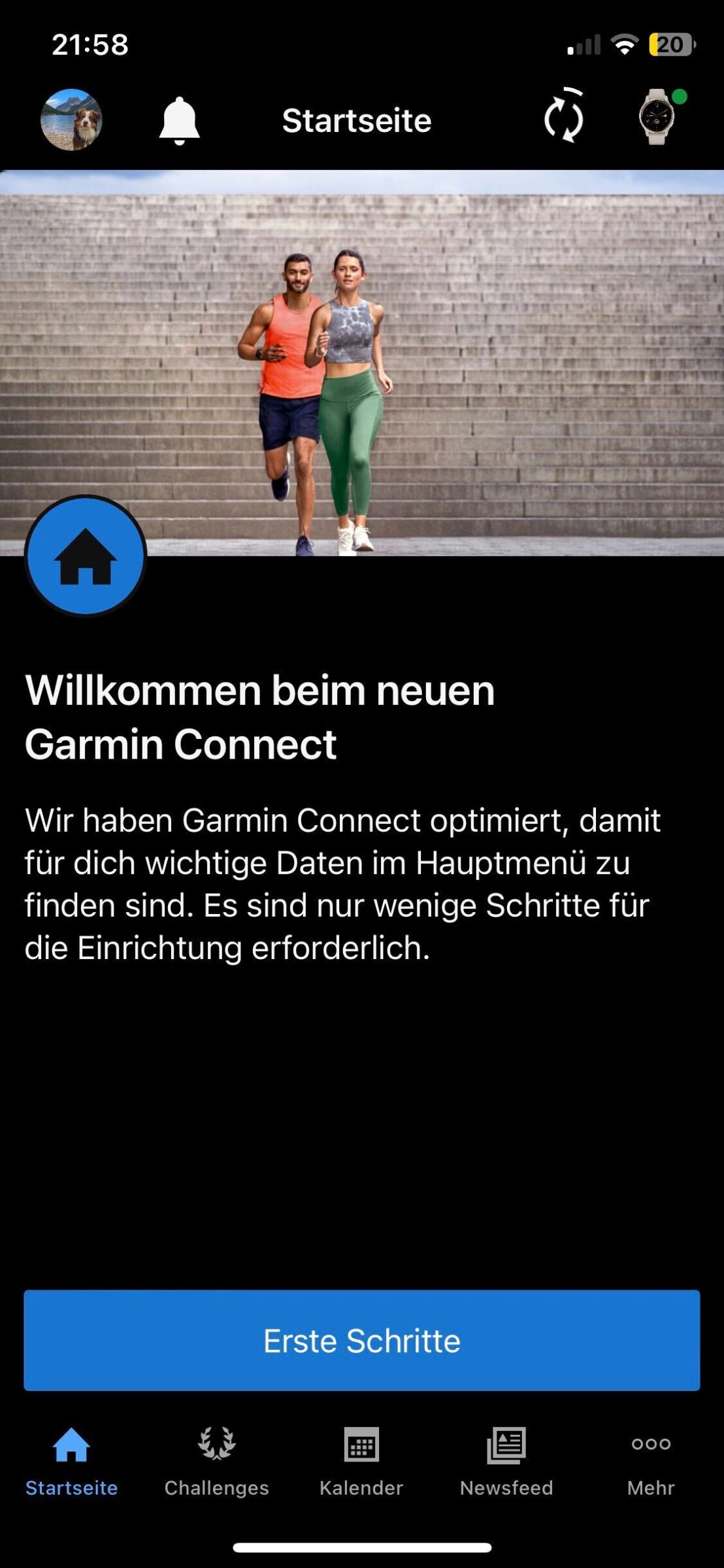 Garmin Connect 5.0 Willkommensbildschirm