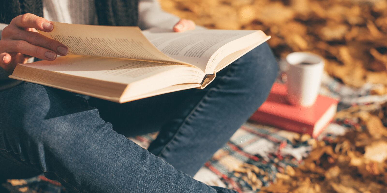 Eine Person sitzt auf einer Decke und liest ein Buch zwischen herbstlichem Laub. 
