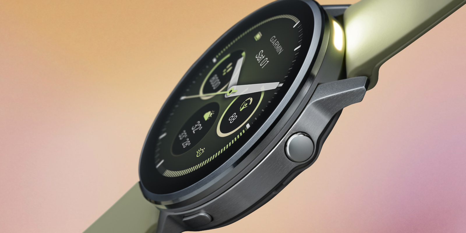 Garmin Venu 4 in grün, seitliche Ansicht des Gehäuses